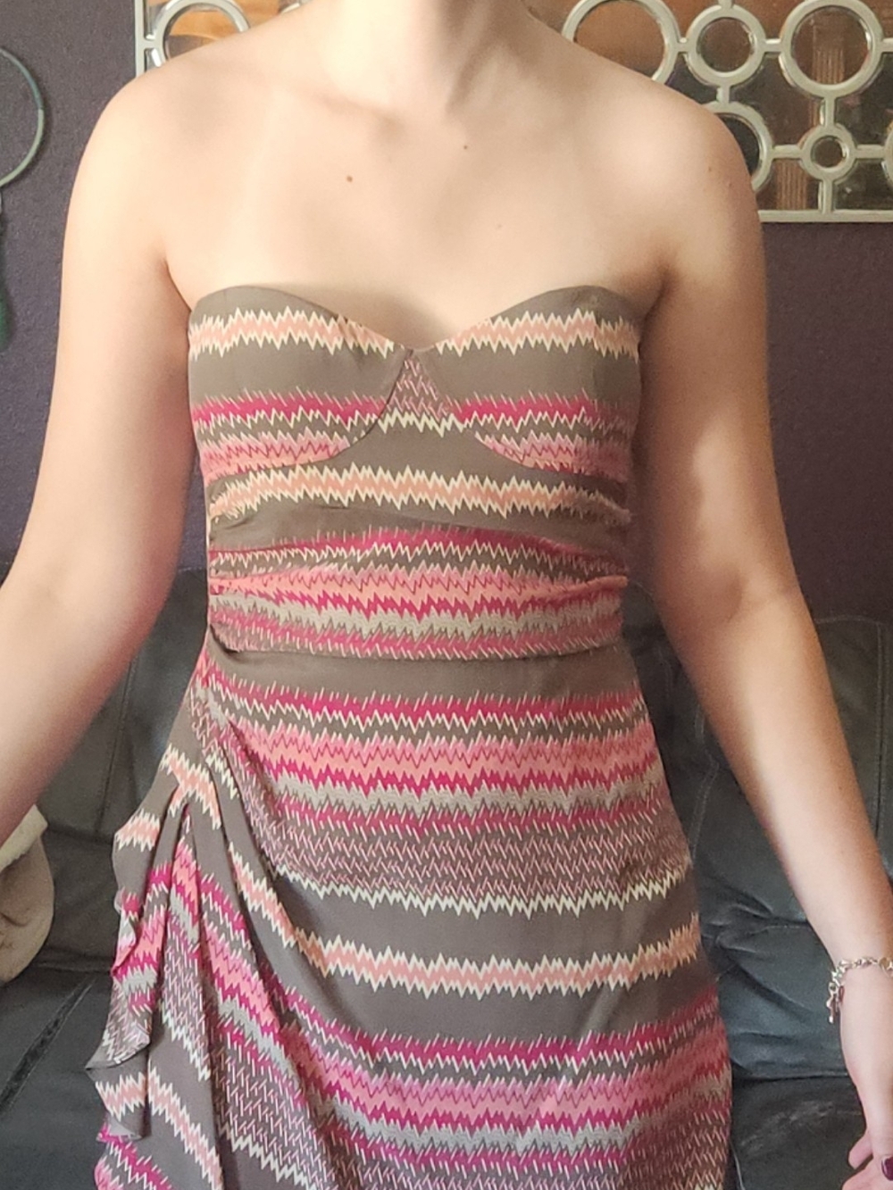 Designer Strapless Zigzag Print Summer Dress - Pink & Taupe